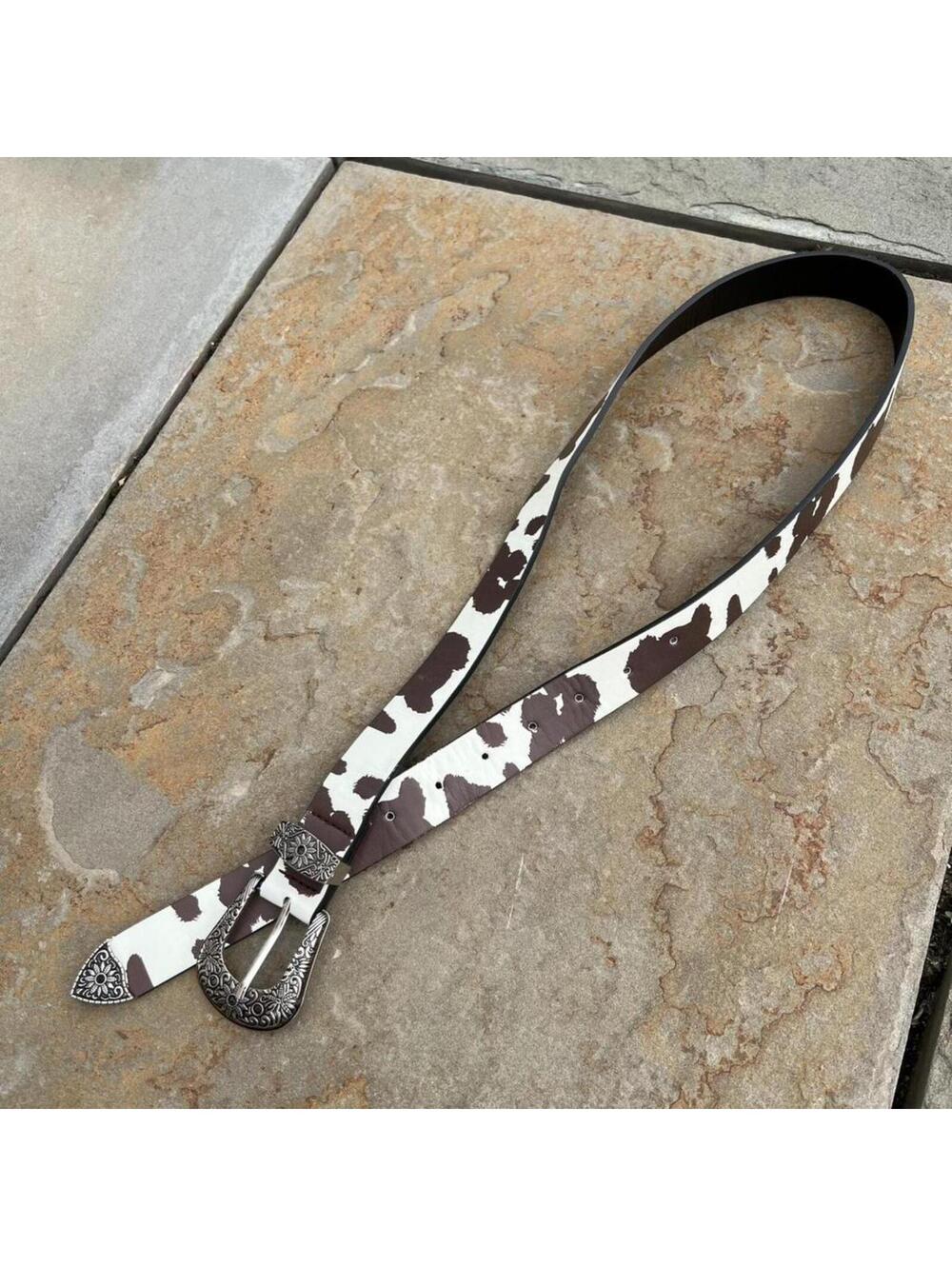 Y2K Western Cow Animal Print Faux Leather Metal Tip Belt
